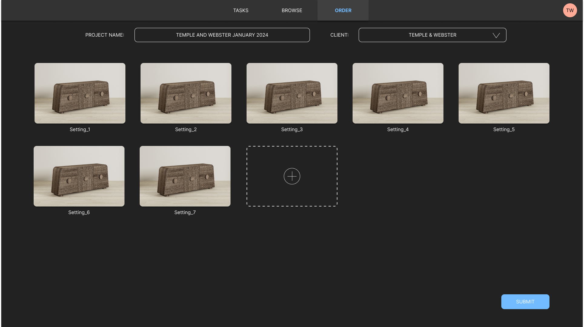 Figma design of ordering a render that will be delivered as a task to the 3D department.